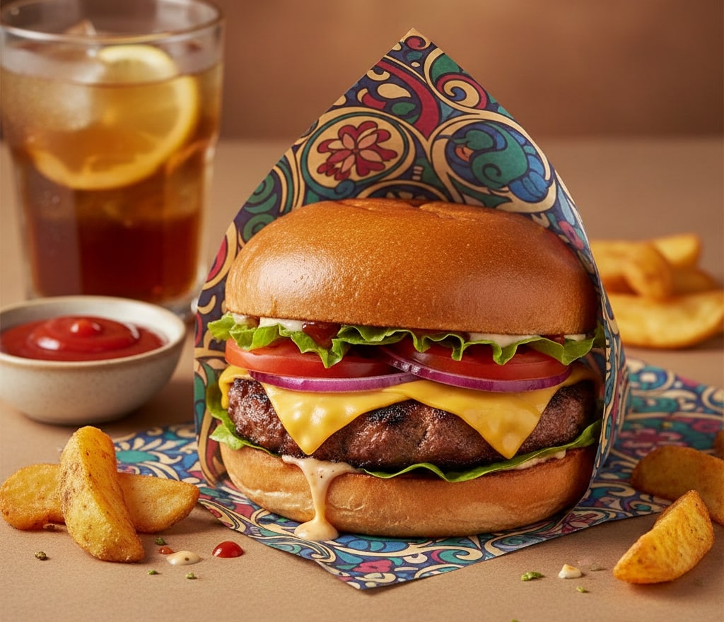 A crispy burger with red chilly souce and one jucie