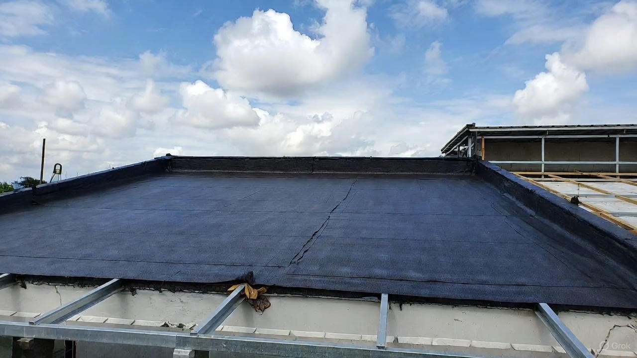 A flat roof with installed waterproof roofing membrane, showing proper sealing and preparation for long-term weather protection.
