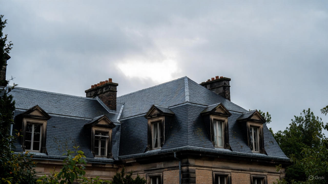 A classic mansard roof with slate tiles and dormer windows on a traditional residential building under an overcast sky.