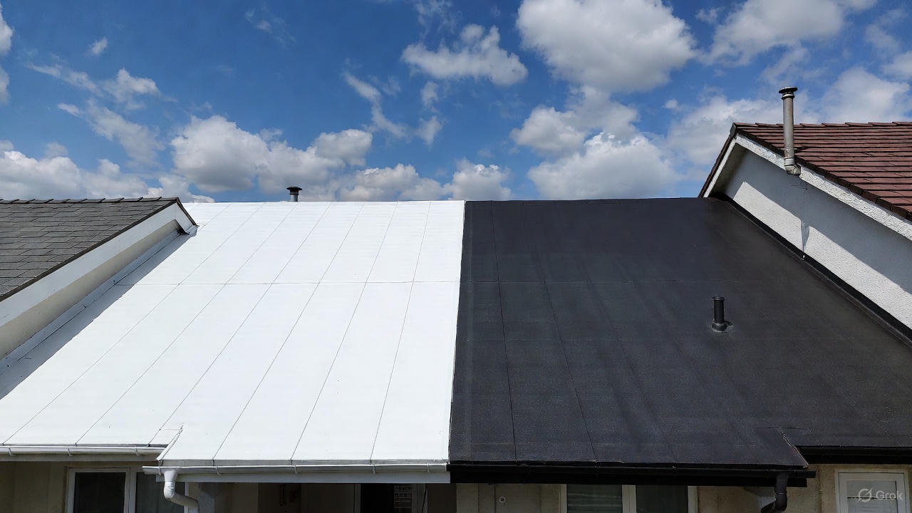 Side-by-side comparison of white PVC roofing membrane (left) and black EPDM rubber roofing membrane (right) on a flat house roof under blue sky