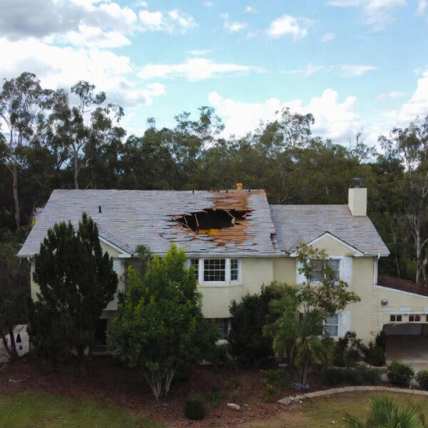 A residential home with severe storm damage to a gable roof, showing broken shingles and a large hole requiring urgent roof repair.