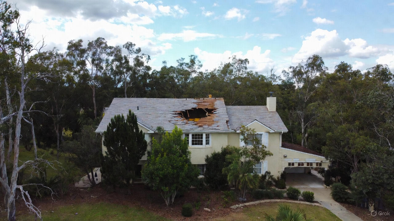 A residential home with severe storm damage to a gable roof, showing broken shingles and a large hole requiring urgent roof repair.