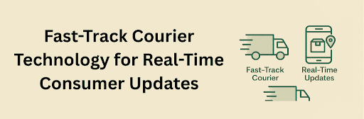 A beige infographic titled “Fast-Track Courier Technology for Real-Time Consumer Updates,” featuring green line-style icons: a fast-moving delivery truck labeled “Fast-Track Courier” and a smartphone with a parcel and location pin labeled “Real-Time Updates.” A larger delivery truck icon appears at the bottom to emphasize speed and efficiency.